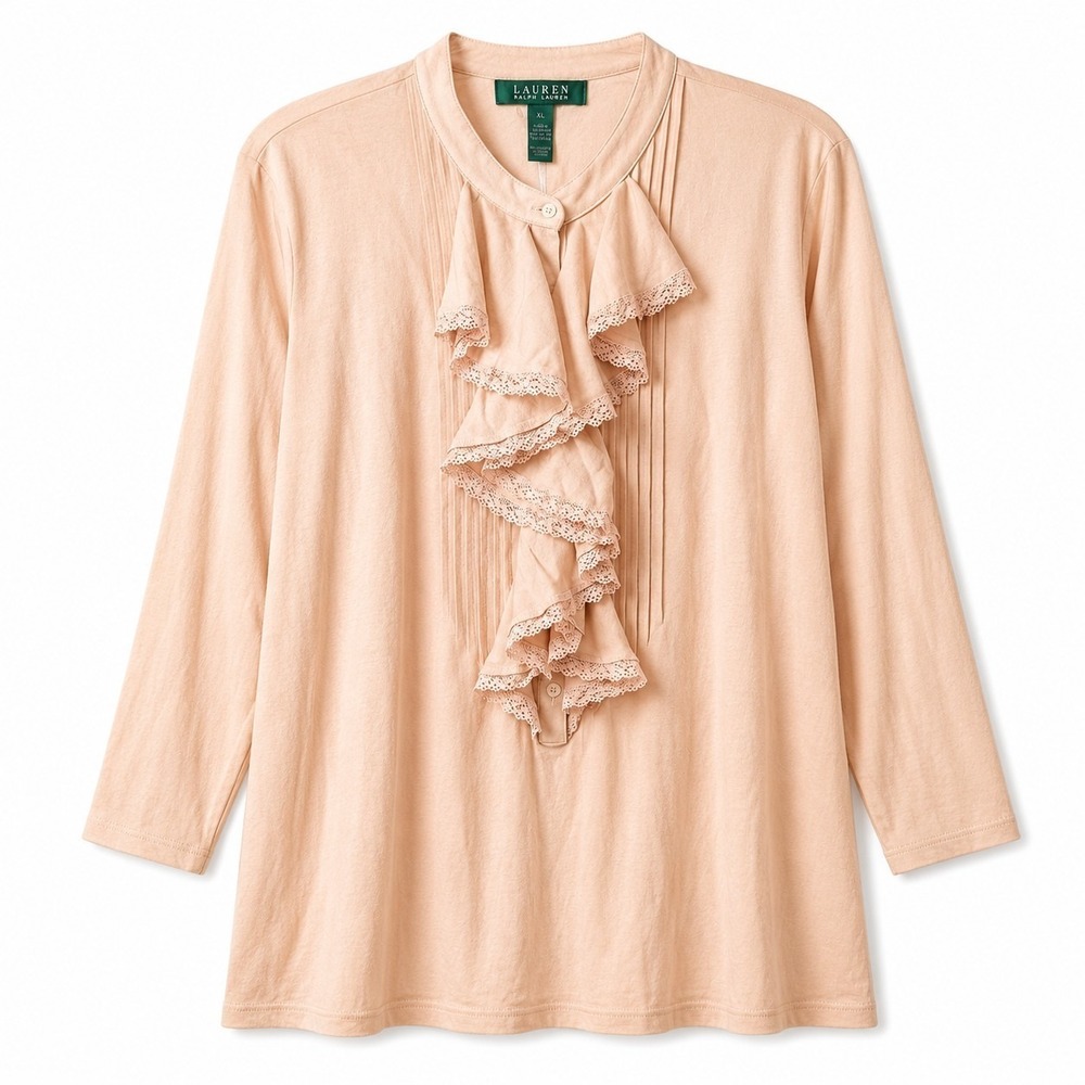 NWT$ LRL Ralph Lauren Pintuck Pleated Ruffle Front Poets Top Sz XL Bluff Pink